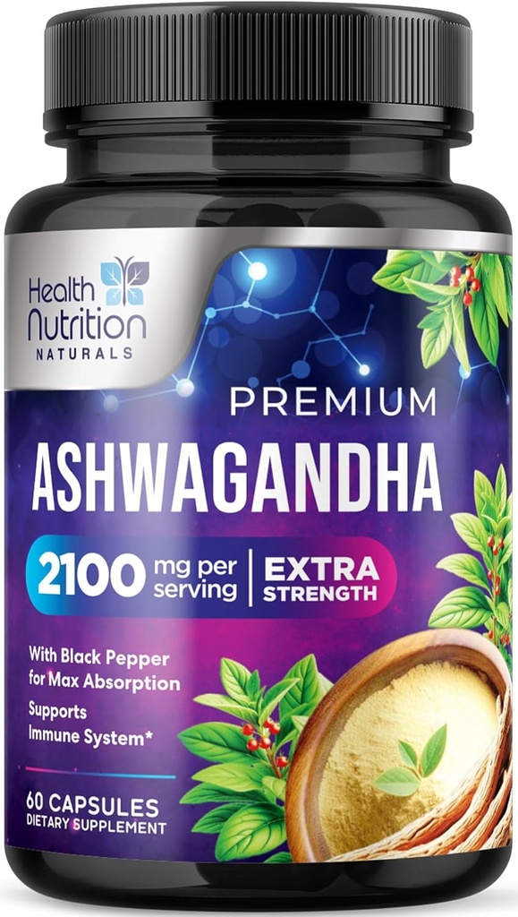 Ashwagandha Kosttilskud - 2100mg Ashwagandha Capsule for Women & Men, Natural Antioxidant Support, Ashwa Root Extract, Extra Strength Call Support with Black Pepper, Vegan & Gluten Free - 60 Kapsler