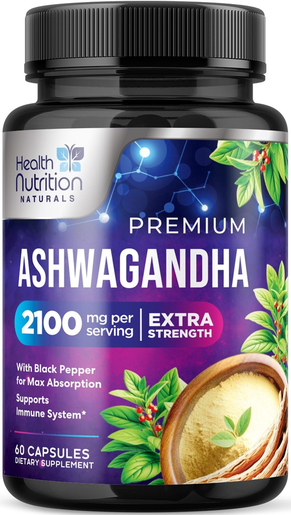 Ashwagandha Kosttilskud - 2100mg Ashwagandha Capsule for Women & Men, Natural Antioxidant Support, Ashwa Root Extract, Extra Strength Call Support with Black Pepper, Vegan & Gluten Free - 60 Kapsler