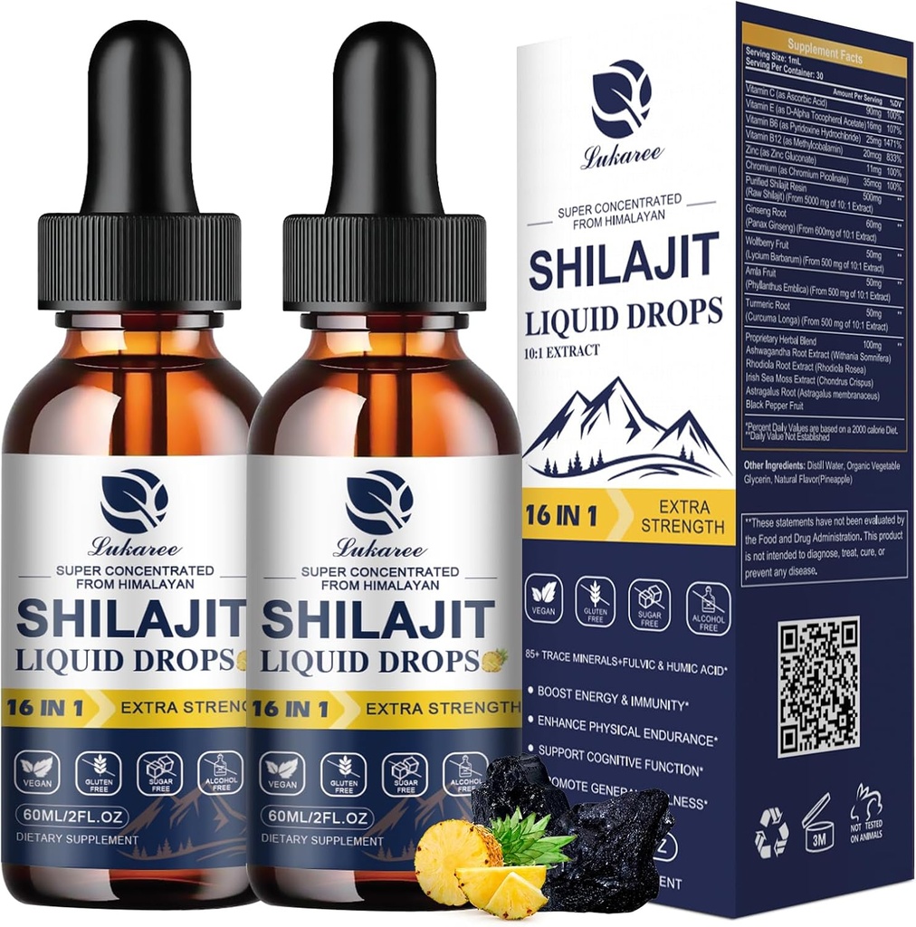 Lukaree 16- in-1 Shilajit Drops til mænd og kvinder, Ashwagandha, Ginseng, gurkemeje, Rhodiola, Amla, Sea Moss, flydende Vitamin supplement med 85 + Trace Minerals and Fulvic Acid, 2 FL Oz (2 Pack)