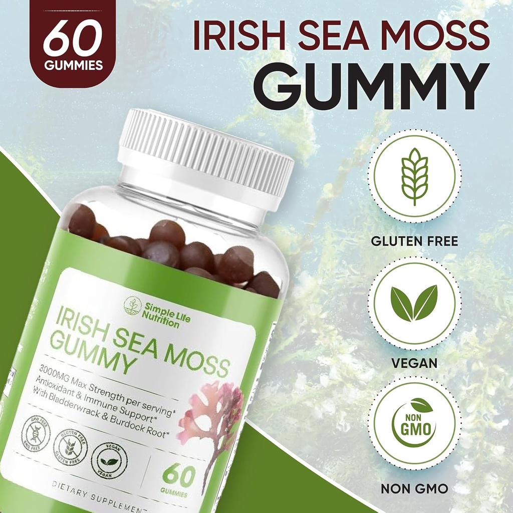 Organic Irish Sea Moss Gummies - Burdock Root og Bladerwrack Natural Blend - Immunsystemet Gut Cleanse & Thyroid supplement - Hud og negle sundhed - 60CT