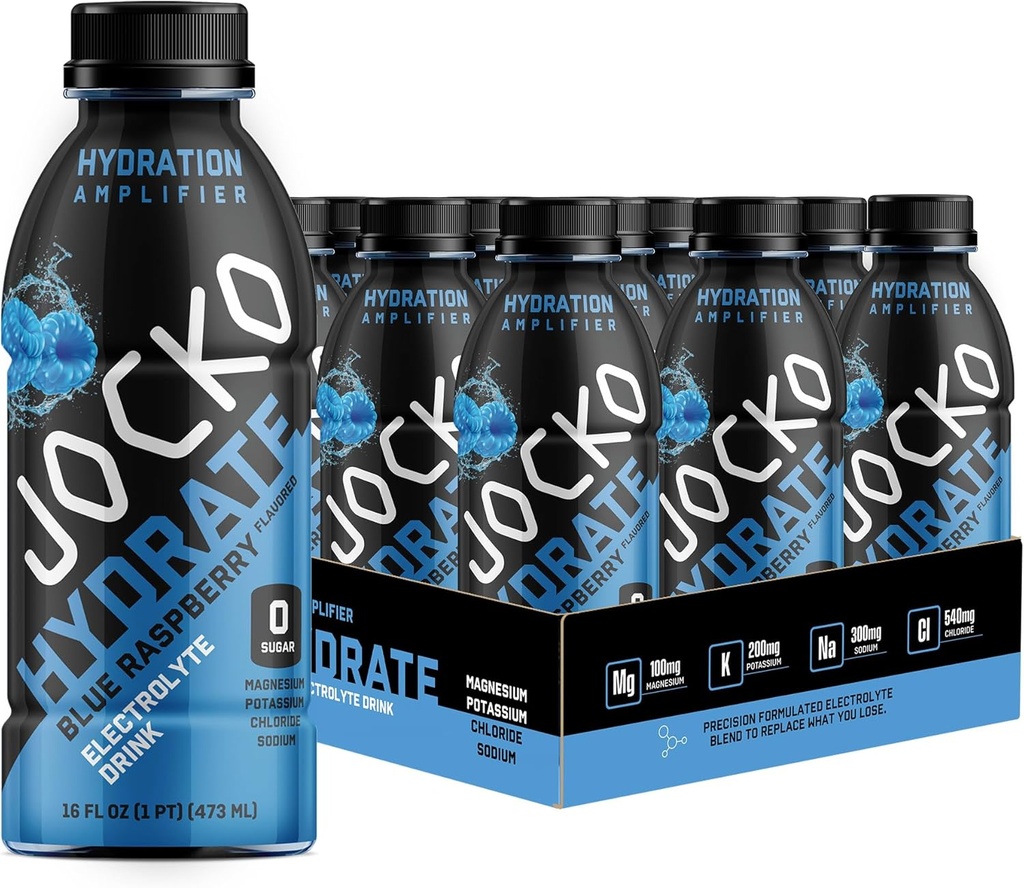 Jocko Fuel Hydrate Electrolyte Drinks - Sport Drink Hydration Forstærker, Tørst Quencher - Videnskabeligt Formuleret Electrolyte Blend Blå Hindbær 16 Oz (12 Pack)
