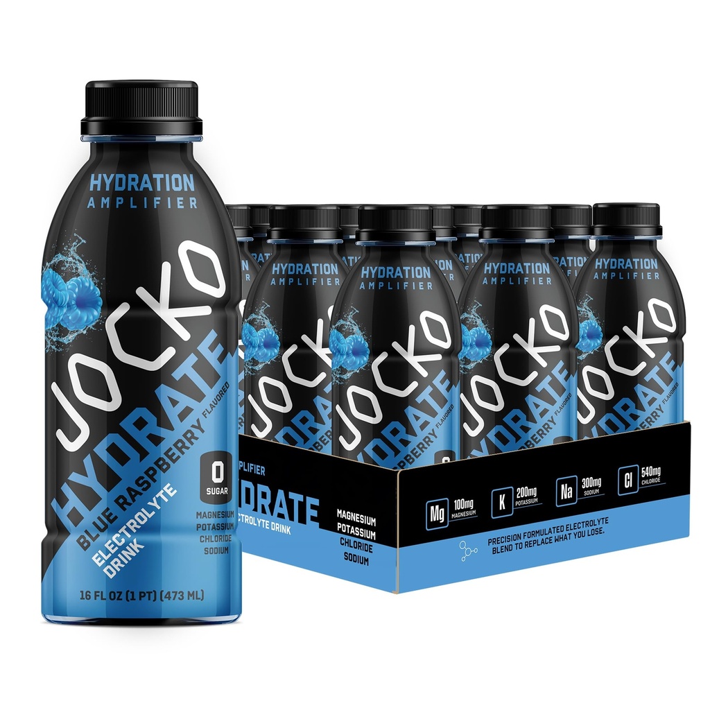 Jocko Fuel Hydrate Electrolyte Drinks - Sport Drink Hydration Forstærker, Tørst Quencher - Videnskabeligt Formuleret Electrolyte Blend Blå Hindbær 16 Oz (12 Pack)