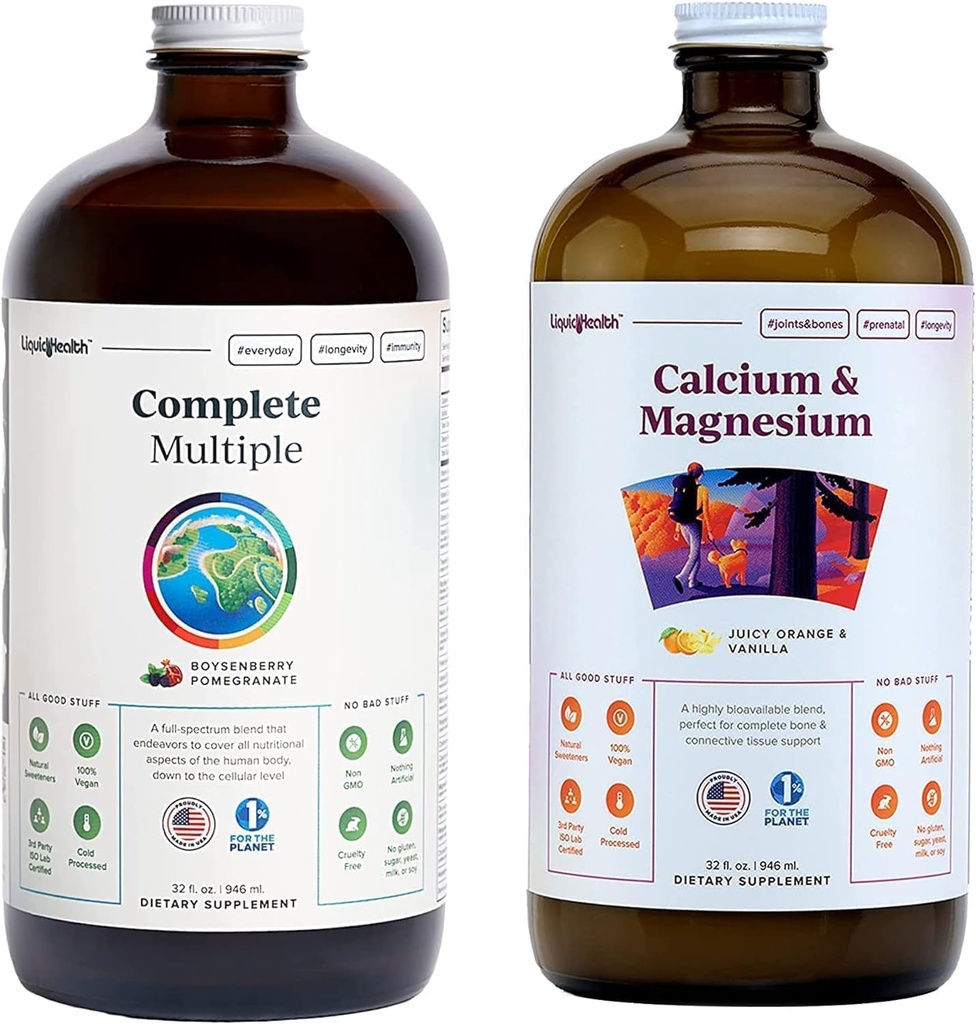 LIQUIDHealth Complete multiple Multivitamin & Calcium og Magnesium flydende Vitamin Bundle til voksne - Whole Body Health, immunsystem, ben & fælles støtte - Whole Foods, Vegan, Non- GMO, USA Made