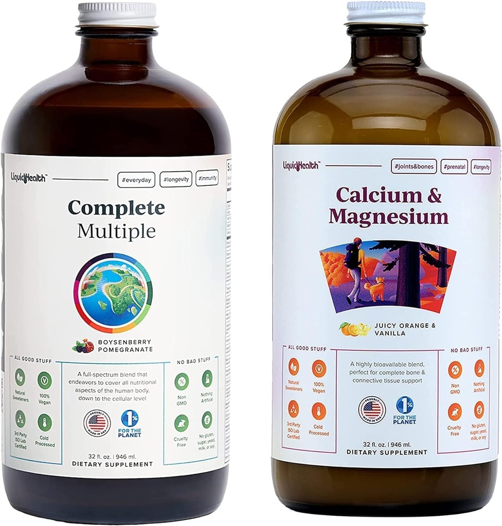 LIQUIDHealth Complete multiple Multivitamin & Calcium og Magnesium flydende Vitamin Bundle til voksne - Whole Body Health, immunsystem, ben & fælles støtte - Whole Foods, Vegan, Non- GMO, USA Made