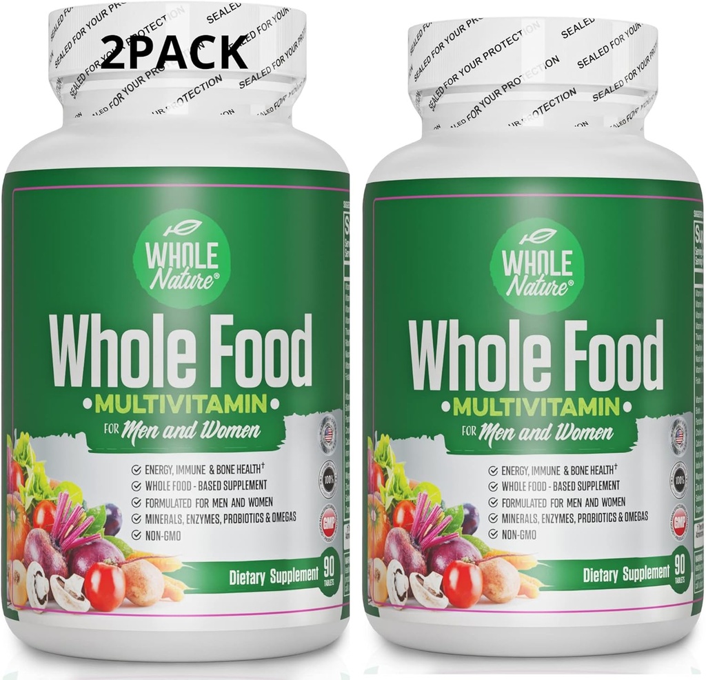 Hel mad Multivitamin til mænd og kvinder (2PACK): Hel natur Daglig Superfood Vitamin Plus mineral fordøjelsesenzymer, Probiotika og Omegas. Plantebaseret multivitamin, ikke-GMO-gluten fri