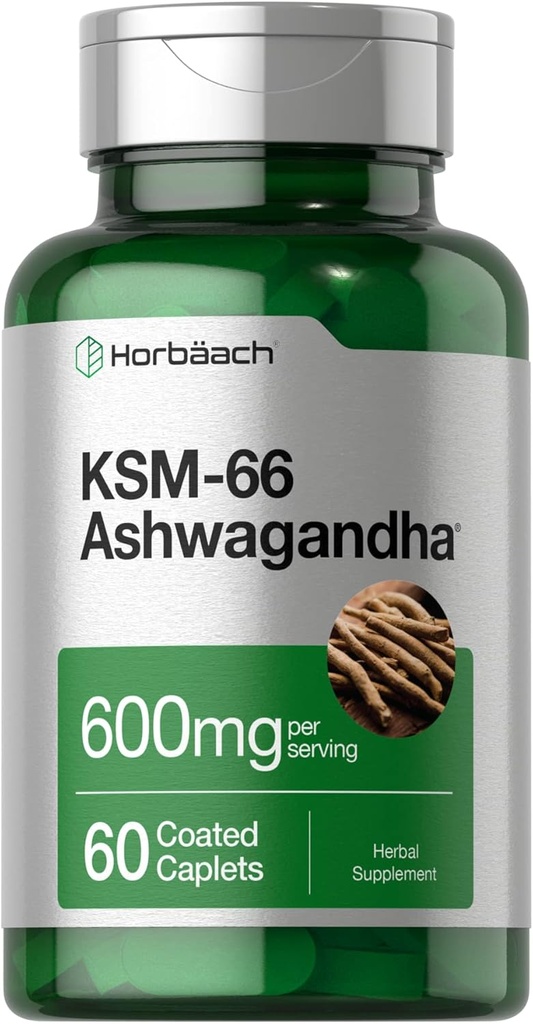 Horbäach KSM- 66 Ashwagandha Supplement Caplets - 124; 600mg - 124; 60 Pills - 124; med L- Theanine - 124; for kvinder og mænd - 124; Vegan, non- GMO, Gluten Free Complex Supplement