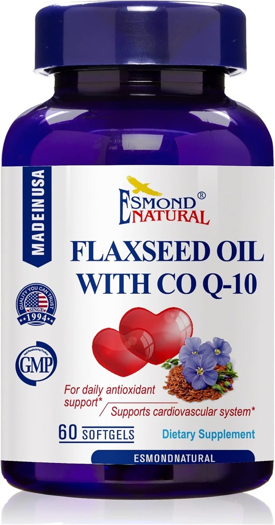 Flaxseed Oil med CO Q- 10 (Daglig antioxidant og cardiovaskulær System Support), GMP, Natural Product Assn Certified, Made in USA - 400mg, 60 Softgels