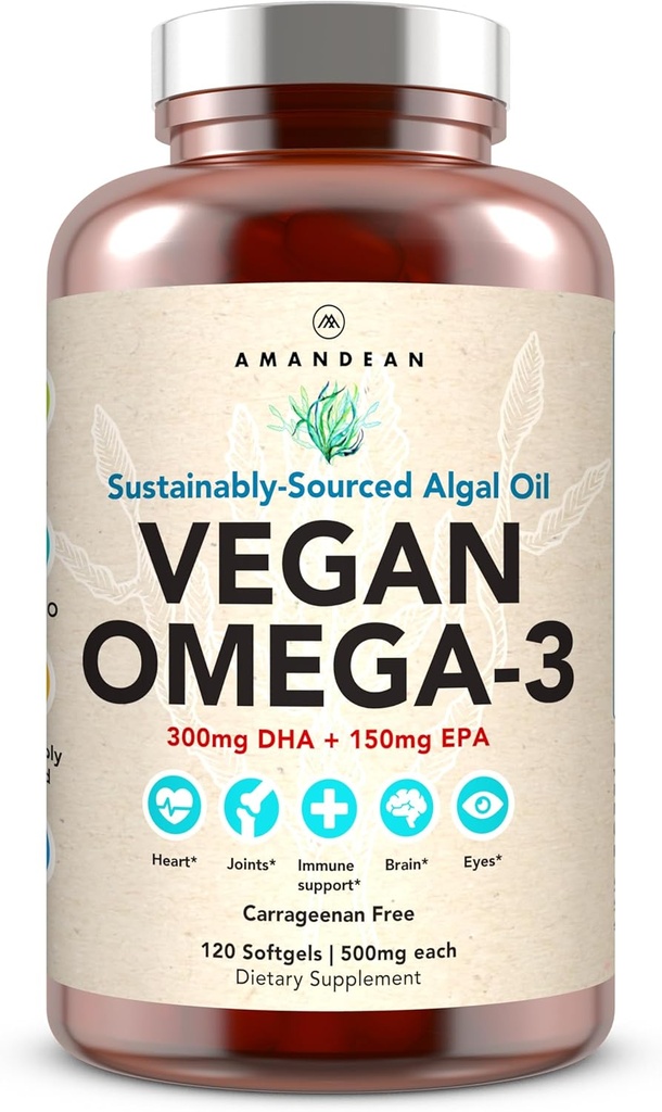AMANDEAN Vegan Omega 3 tillæg. Premium Fish Oil Alternative. Alger DHA & EPA. Carrageenan Free Softels. Alger essentielle fedtsyrer. Plantebaseret hjerte, hjerne, øje, hud, immunforsvar. (120ct)