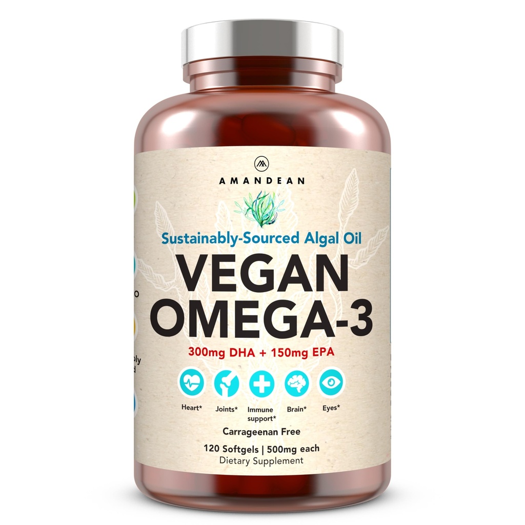 AMANDEAN Vegan Omega 3 tillæg. Premium Fish Oil Alternative. Alger DHA & EPA. Carrageenan Free Softels. Alger essentielle fedtsyrer. Plantebaseret hjerte, hjerne, øje, hud, immunforsvar. (120ct)