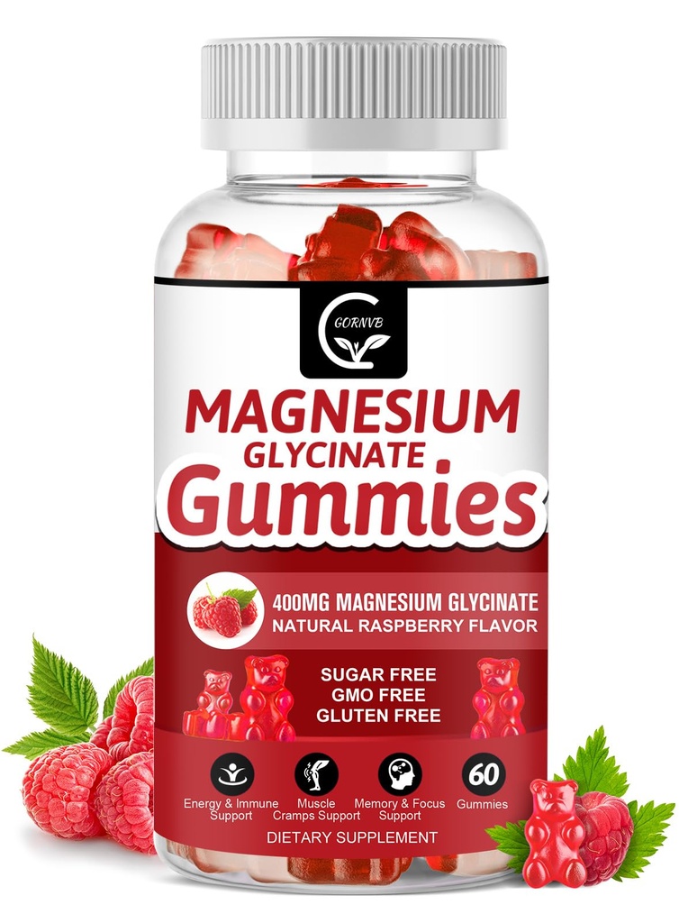 Magnesium Glycinate Gummies 400mg, Mg Kalium supplement med chelateret Magnesiummalatkompleks, D-vitamin, B6, og CoQ10, Support for Memory, Calm, Mood & Sleep - 60 greve (pakke med 1)