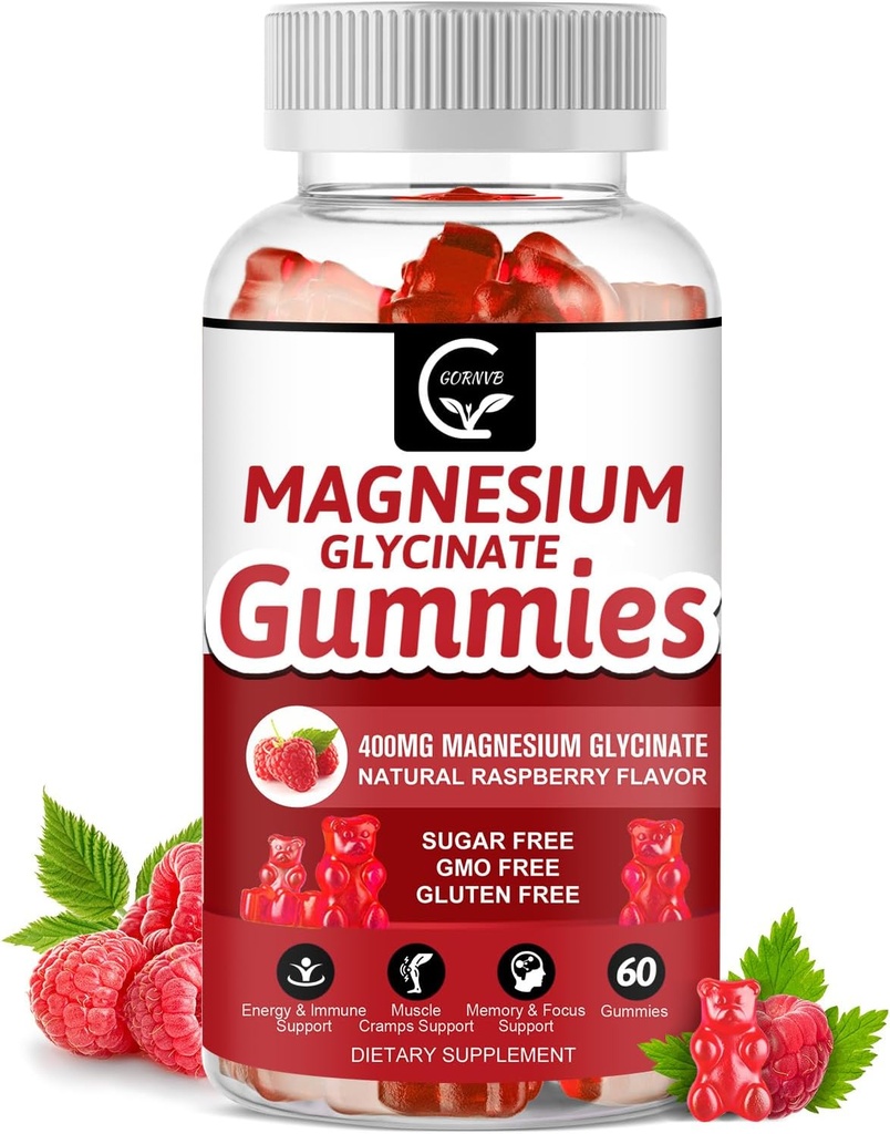 Magnesium Glycinate Gummies 400mg, Mg Kalium supplement med chelateret Magnesiummalatkompleks, D-vitamin, B6, og CoQ10, Support for Memory, Calm, Mood & Sleep - 60 greve (pakke med 1)