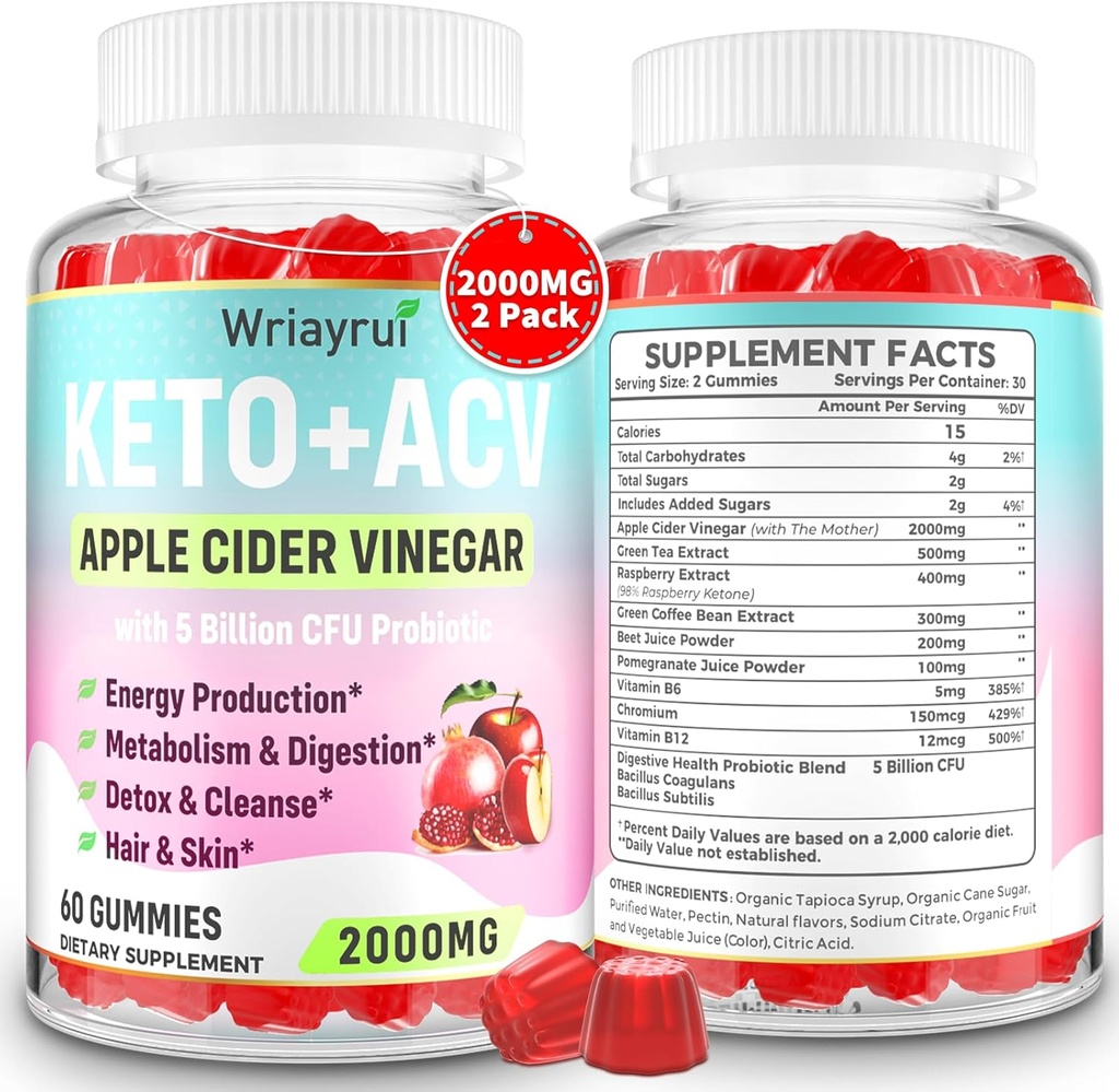 Keto ACV Gummies med Probiotika & Vitamin B12, 2000mg Apple Cider Vineddike Gummies med mor, for Metabolisme, fordøjelse, Detox & Rense, Sukker fri, Vegan- Friendly, 120 Gummies