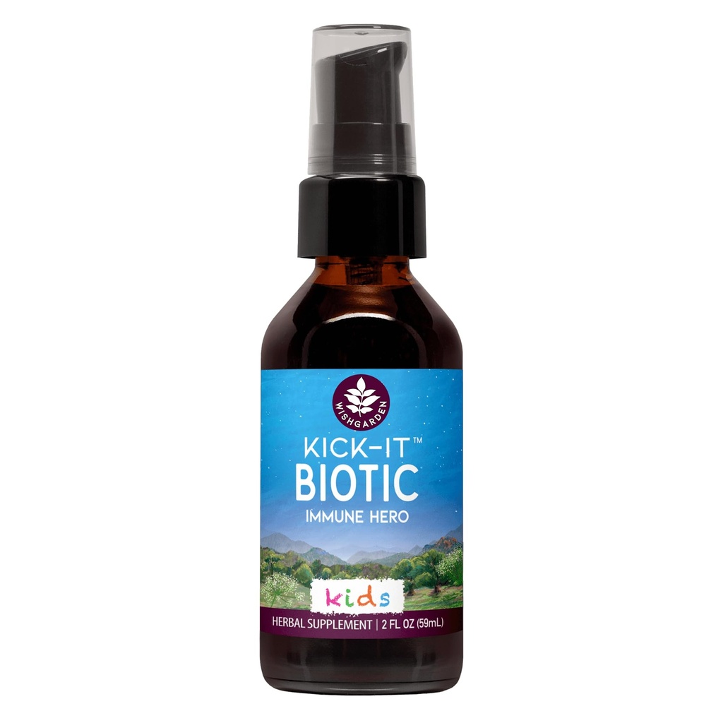 WishGarden Herbs KickT- Biotic Immunity Hero for Kids - Plant- Based Herbal Biotic Formel med Usnea Lichen & Echinacea, Understøtter sund immunforsvar og åndedrætssystem funktion, Immunbooster, 2oz