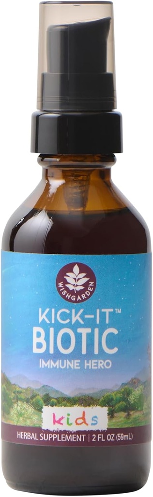 WishGarden Herbs KickT- Biotic Immunity Hero for Kids - Plant- Based Herbal Biotic Formel med Usnea Lichen & Echinacea, Understøtter sund immunforsvar og åndedrætssystem funktion, Immunbooster, 2oz