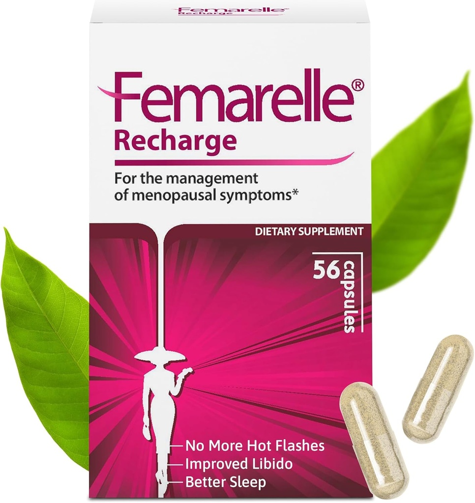 Femarelle ® Recharge - Menopause Supplement for kvinder - Klinisk Proven Menopause Relief - Hot Flashs, Night Sweats, Sleep & Libido Support Indenfor 1. Måned, Gluten- Free, GMO- Free & Hormone Free