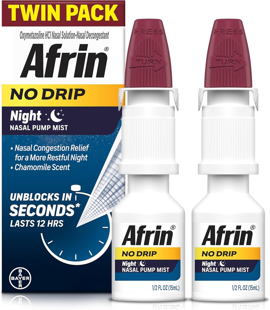 AFRIN No Drip Night Nasal Mist Twin Pack, Non- Drowsy, Fast- Actioning Decongestant for Restainful Sleep with Kamille Duft, Voksne og Børn 6 og Ældre, .5 fl oz (Pack of 2)