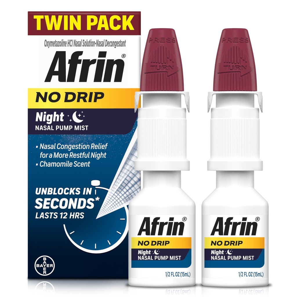 AFRIN No Drip Night Nasal Mist Twin Pack, Non- Drowsy, Fast- Actioning Decongestant for Restainful Sleep with Kamille Duft, Voksne og Børn 6 og Ældre, .5 fl oz (Pack of 2)