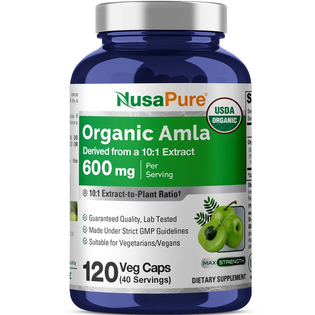 NusaPure Organic Amla Capsules 10: 1 Extract, 600 mg Ækvivalent med 6 000 mg