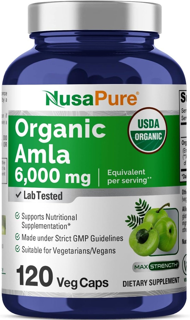NusaPure Organic Amla Capsules 10:1 Extract, 600 mg Equivalent to 6,000mg | 120 Count | Amalaki Fruit | USDA, Vegan, Non-GMO Supplement