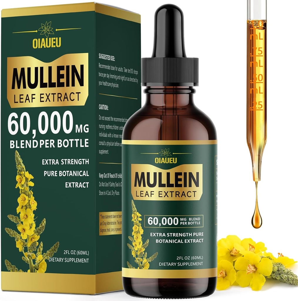 Organic Mullein Drops til Lungs, Mullein Leaf Tincture Support Lung Cleanse, Natural Supplement Liquid Extract til Lung Detox og Respiratory Health, Vegan, 2 fl oz