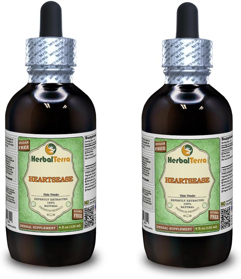 Heartsease (Viola Tricolor) Glycerit, Økologisk Tørrede blade og blomster Alkohol- Free Liquid Extract (Brand Name: HerbalTerra, Stolt Made in USA) 2x4 fl.oz (2x120 ml)