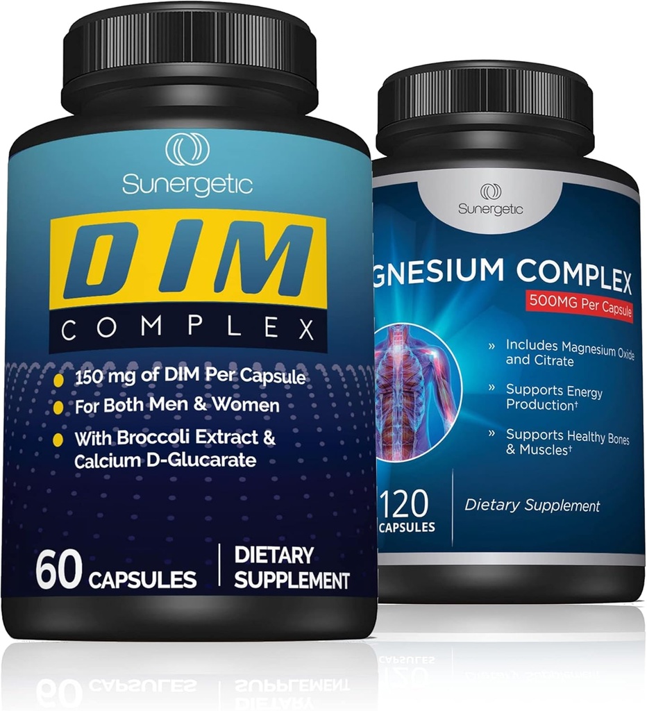 Sunergetic DIM Complex Plus Magnesium Complex - Understøtter sunde knogler, muskler og tænder, sund balance & afslapning - DIM Complex 60 ct - Magnesium Complex 120 ct