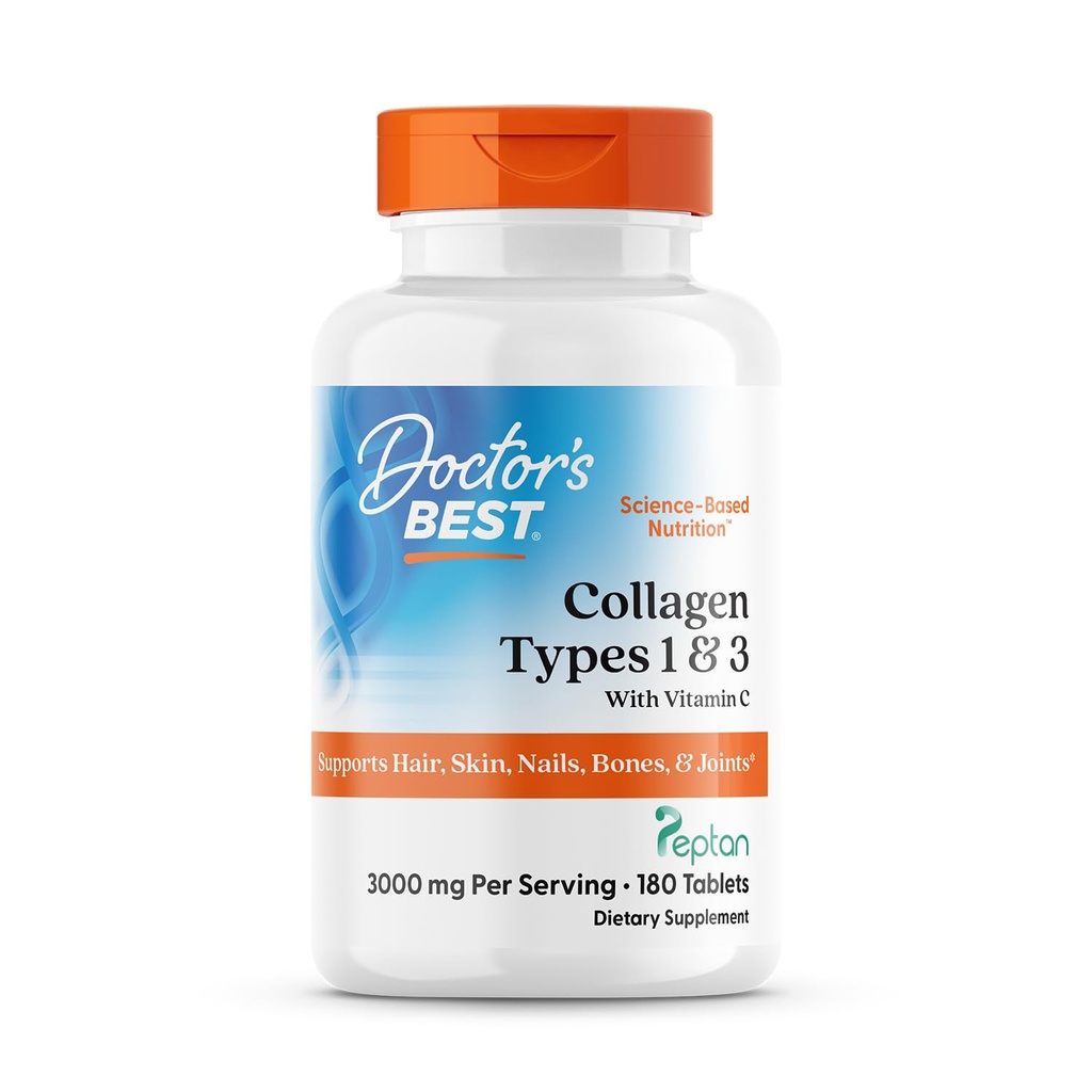 Doctor's Best Collagen Peptides Types 1 & 3 - Collagen Supplement for Women & Men, Supports Hair, Skin, Nails, & Joint Health, Includes 30 mg Vitamin C & 3 g Protein Per Serving, Non GMO - 180 Tablets