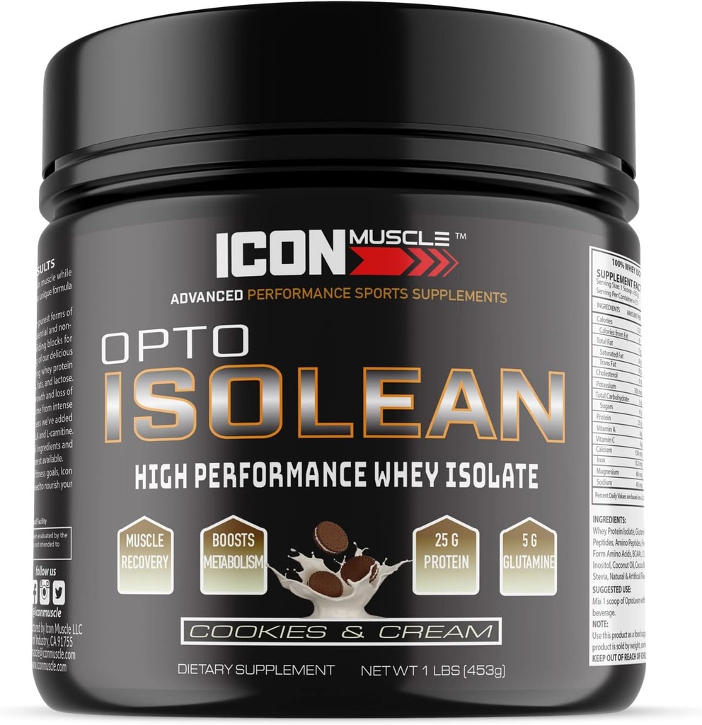 Isolean Whey Protein Isolate Powder, Vanilla, Chocolate, Strawberry, Cookies & Cream, Saltet Caramel, Chokolade Peanut Butter, 1 Pound (Cookies & Cream)