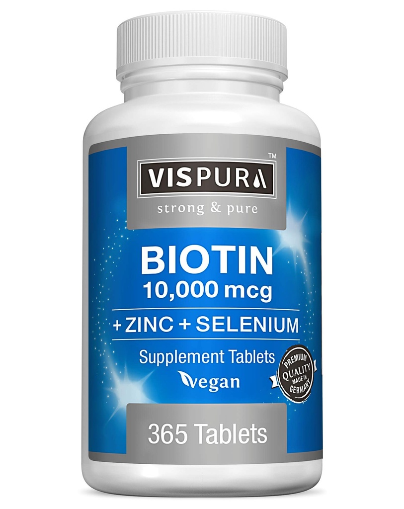 Biotin 10000 mcg + Zink + Selen, Pure, Vegan & Extra Strong, Bedste supplement til hårvækst, glødende hud, stærke negle *, 365 tabletter til 12 måneder, naturlige uden tilsætningsstoffer