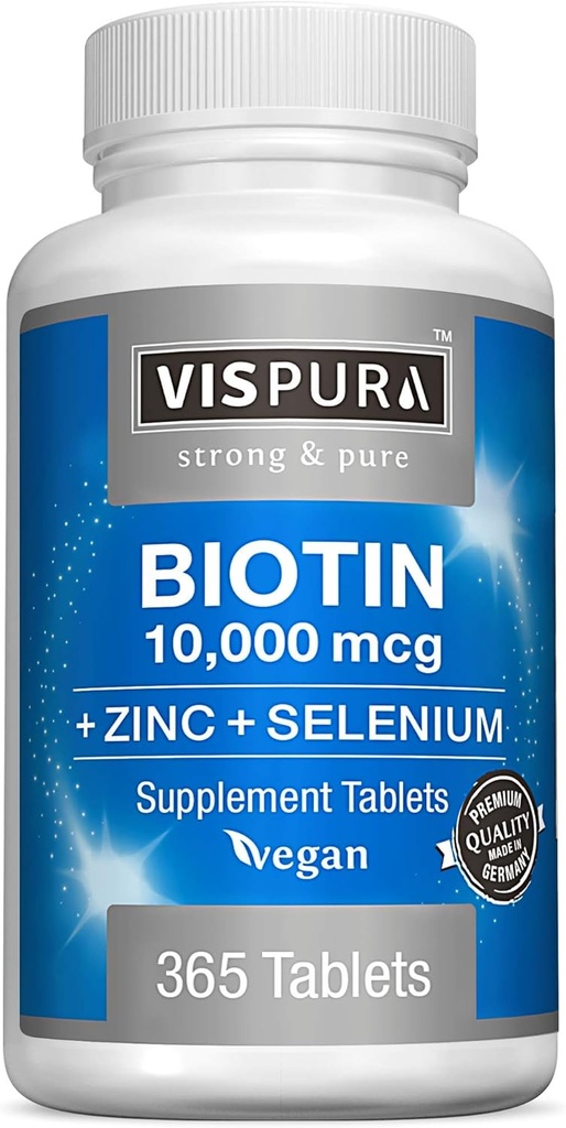 Biotin 10000 mcg + Zink + Selen, Pure, Vegan & Extra Strong, Bedste supplement til hårvækst, glødende hud, stærke negle *, 365 tabletter til 12 måneder, naturlige uden tilsætningsstoffer