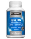 Biotin 10000 mcg + Zink + Selen, Pure, Vegan & Extra Strong, Bedste supplement til hårvækst, glødende hud, stærke negle *, 365 tabletter til 12 måneder, naturlige uden tilsætningsstoffer