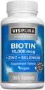 Biotin 10000 mcg + Zink + Selen, Pure, Vegan & Extra Strong, Bedste supplement til hårvækst, glødende hud, stærke negle *, 365 tabletter til 12 måneder, naturlige uden tilsætningsstoffer