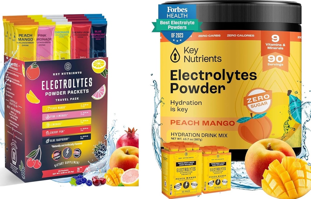 KEY NUTRIENTS Ultimate Hydration & Multivitamin Duo: 20-Pack Variety 5 Flavors + 90-Serving Tropical Peach Mango Electrolytes Powder