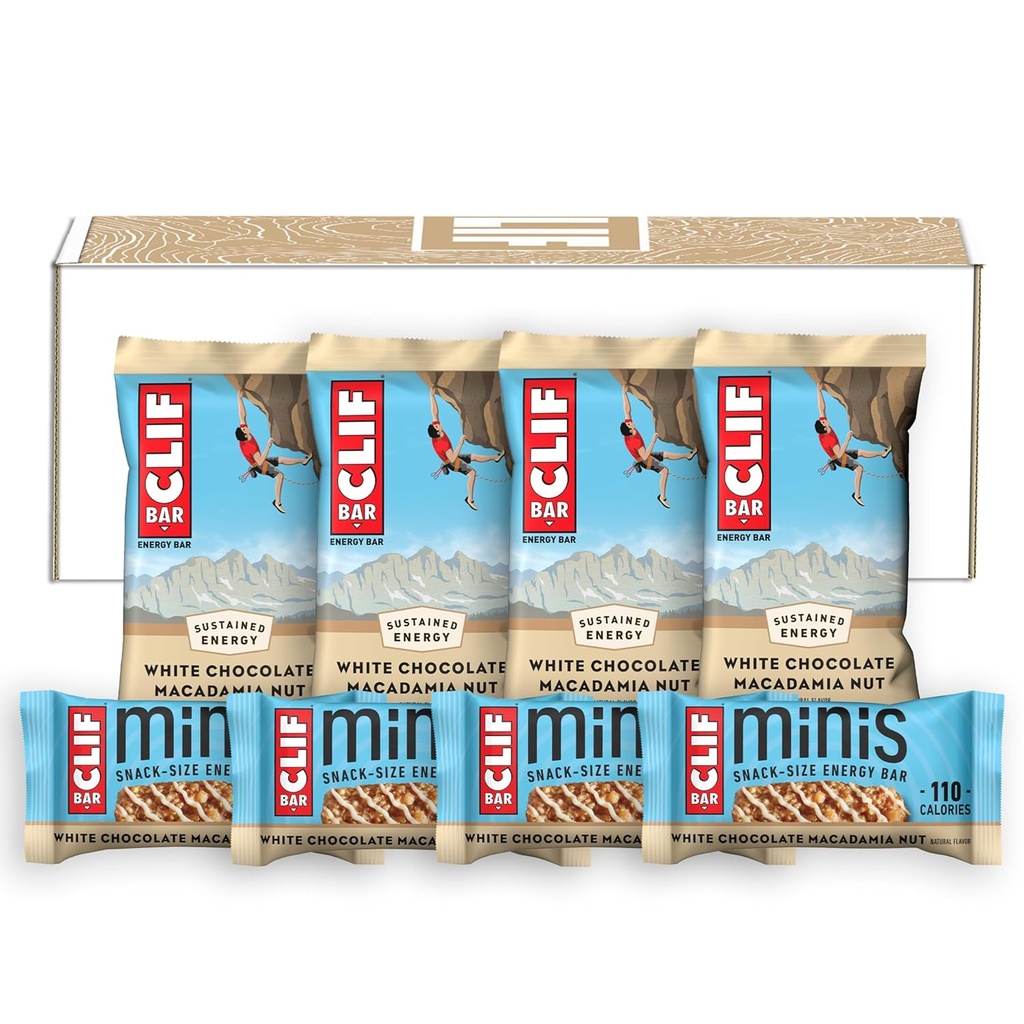 CLIF BAR - Hvid Chokolade Macadamia Nut Flavor - Fuld Størrelse og Mini Energy Bars - Lavet med Økologisk Havre - Non-GMO - Plant Based - 2.4 oz. og 0,99 oz. (20 Greve)