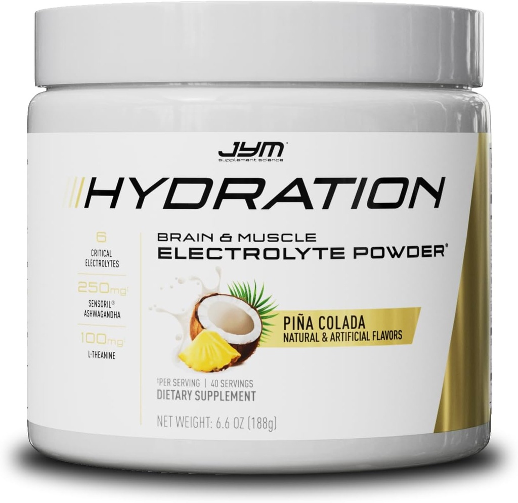 JYM Hydration Pina Colada Powder, Performance Electrolytes, Kalium, Natrium, Magnesium, for Mænd & Kvinder, Theanine, Ashwaghanda, Theanine, 40 Servere