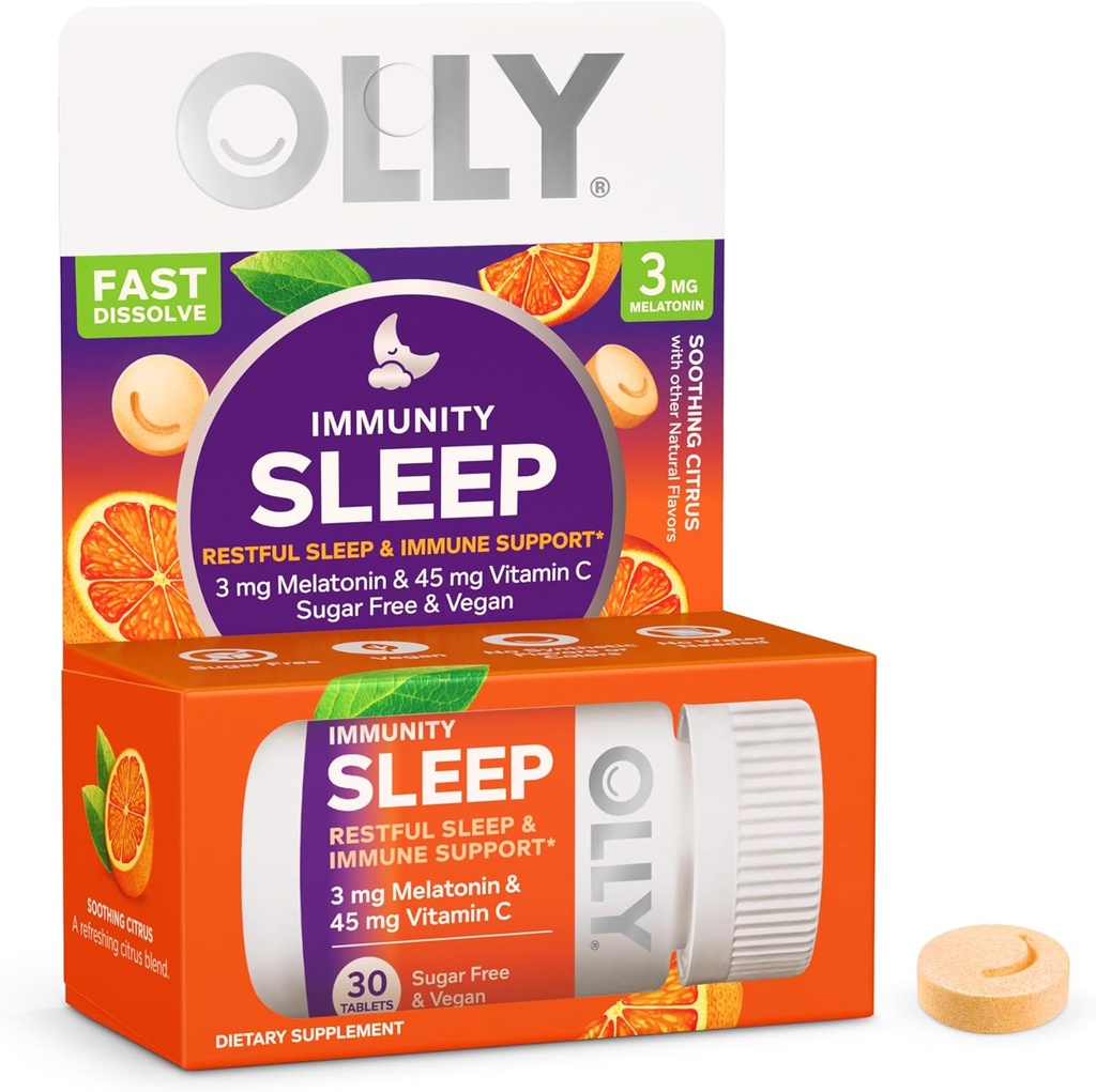 OLLY Immunity Sleep Fast Dissolves, 3 mg Melatonin, C-vitamin, Citrus Flavor, 30 dages forsyning - 30 tæller