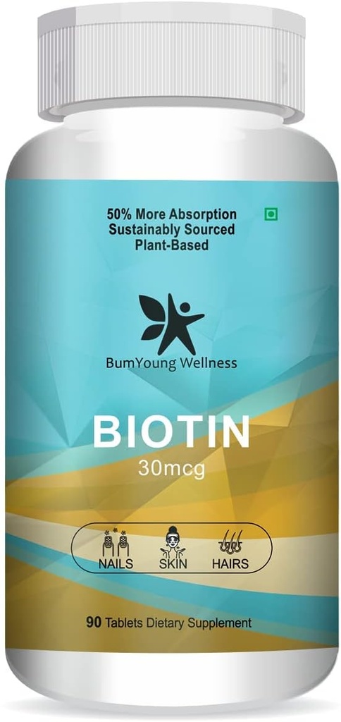 Biotin 30mcg, supplement til hårvækst, stærkt hår og glødende hud, tændstikker Nail Brigillesess 90 tabletter