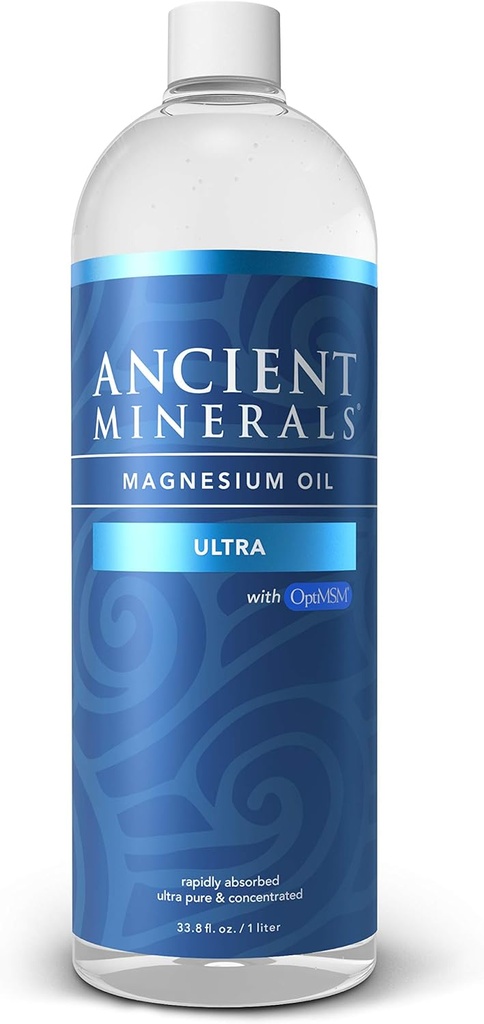 Antikke mineraler Magnesiumolie Ultra med OptiMSM, Refill 33.8 oz. - Pure Genuine Zechstein Magnesiumchlorid tillæg med MSM - bedste temamæssige hudapplikation til dermal absorption