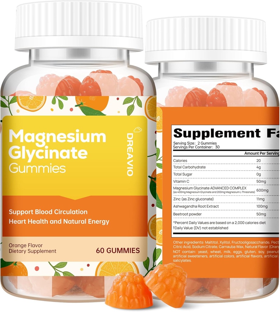 60 Grev Magnesium Glycinate Gummies 400mg w / Ashwagandha Supplement - Sukker fri Zink Magnesium Glycinate Supplement Ashwagandha Gummies for voksne