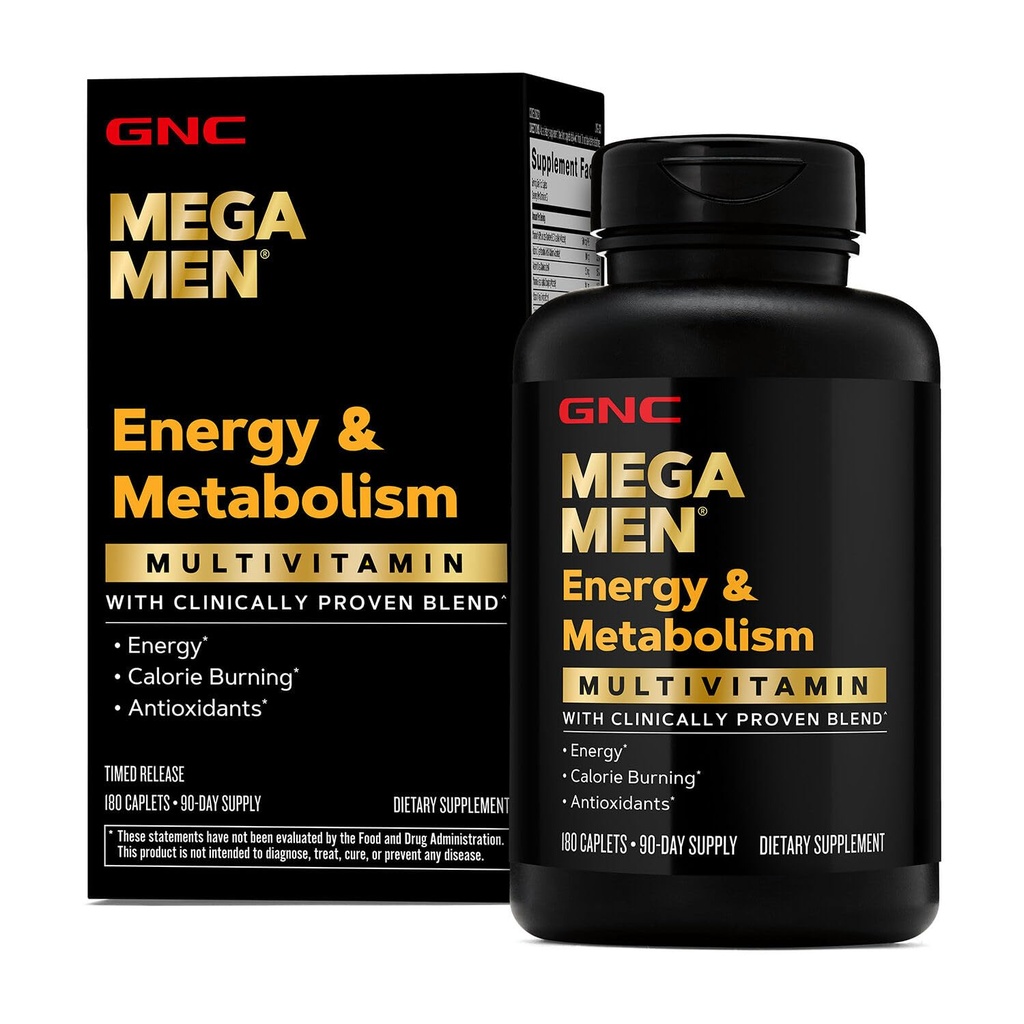 GNC Mega Mænd Energi & Metabolisme Multivitamin Caplets, Klinisk bevist at føle sig bedre, Calorie Burn, Focus, 100mg Koffein, Thermogen, Immun, B Vitaminer, Timet Release, 180 greve, 90 dages forsyning