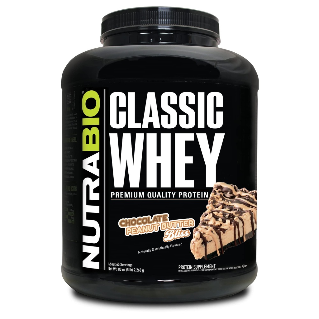 NutraBio Classic Whey Protein Powder- 25G Protein Per Scoop No Fillers, Kunstige Farver, Konserveringsmidler - Lav Glycemic Index - (Chokolade Peanut Butter, 5 Pounds)