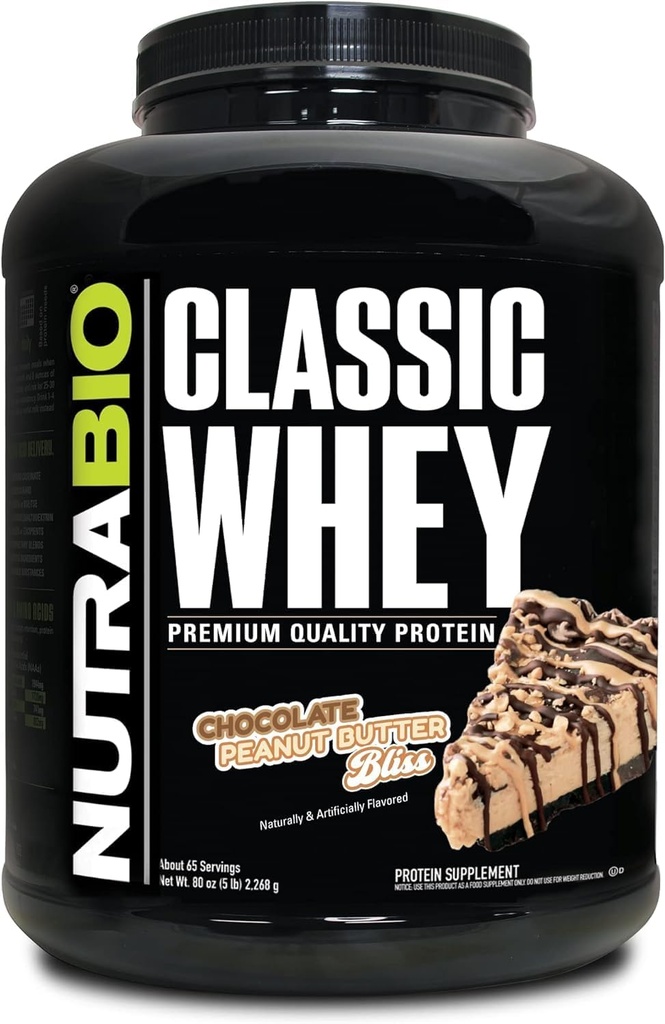 NutraBio Classic Whey Protein Powder- 25G Protein Per Scoop No Fillers, Kunstige Farver, Konserveringsmidler - Lav Glycemic Index - (Chokolade Peanut Butter, 5 Pounds)