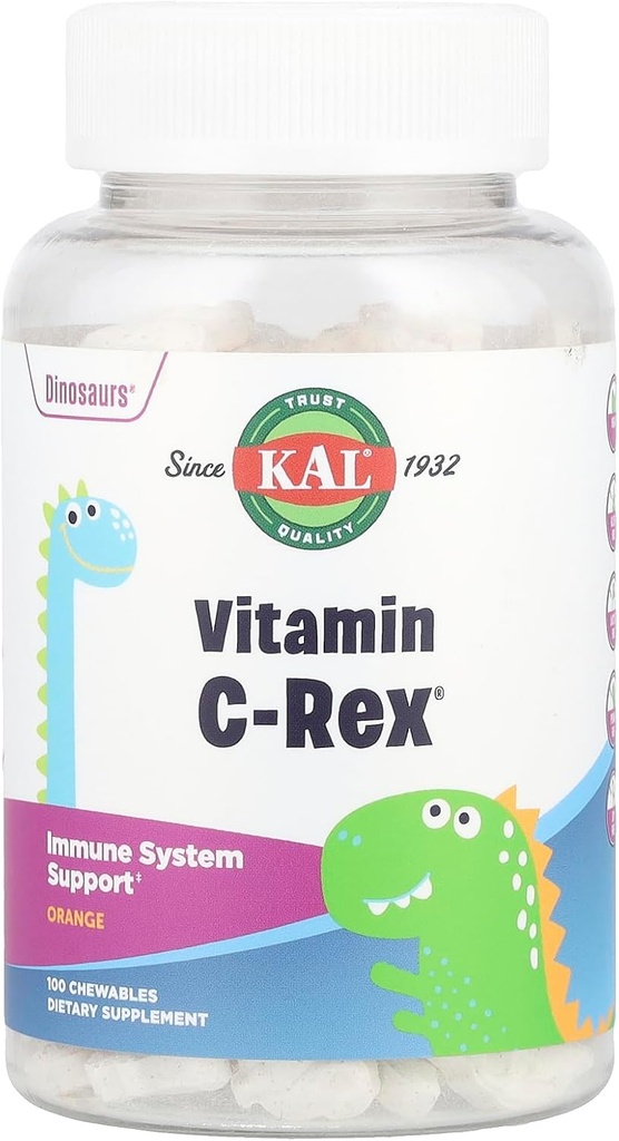 KAL C- Rex tyggetabletter C til børn, immunsupporttilskud med bioflavonoider fra Rose HIPS, Rutin & Acerola, Tasty Orange, Fructose Free, tyggetabletter