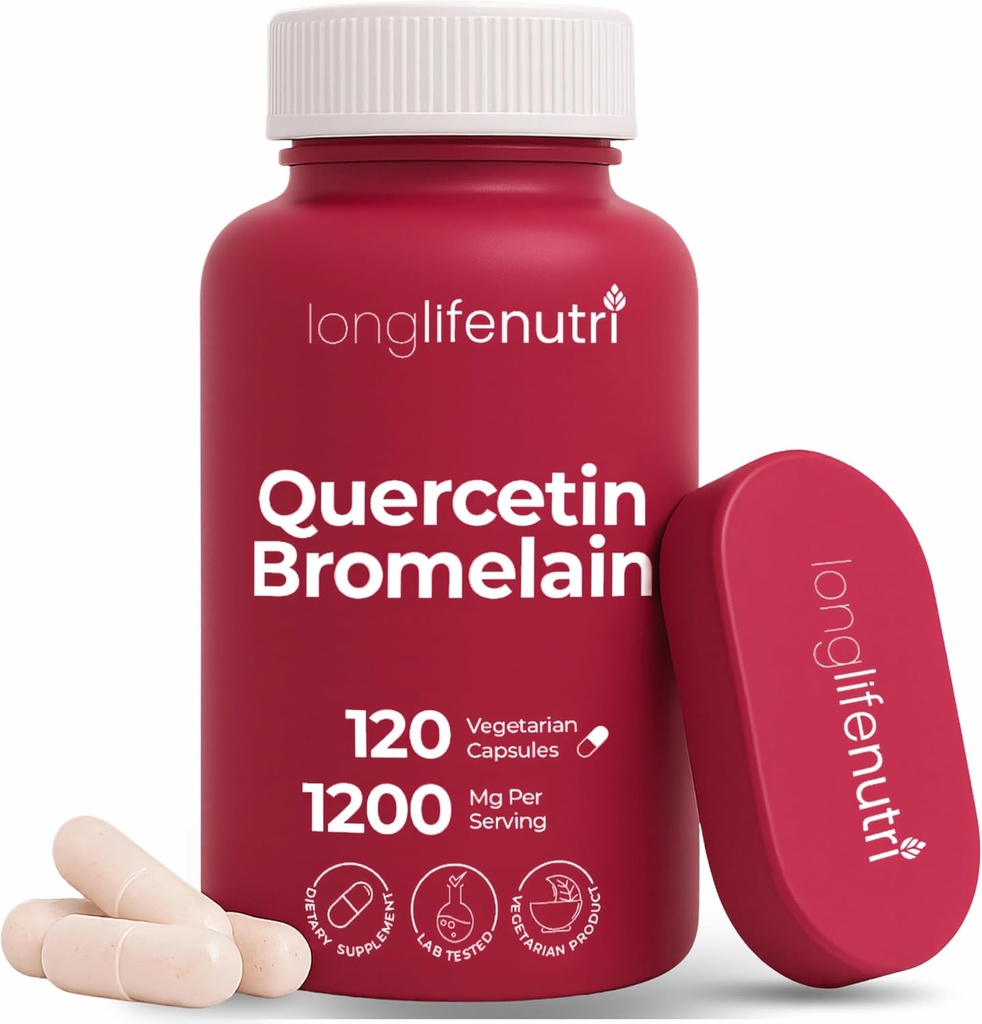 LongLifeNutri Quercetin 1000mg med bromelain 200mg - 120 Vegetariske Kapsler, Organic Dihydrat Complex for Joint Mobility & Respiratory Balance, 2- måned Supply, GMP Certified, Made in USA