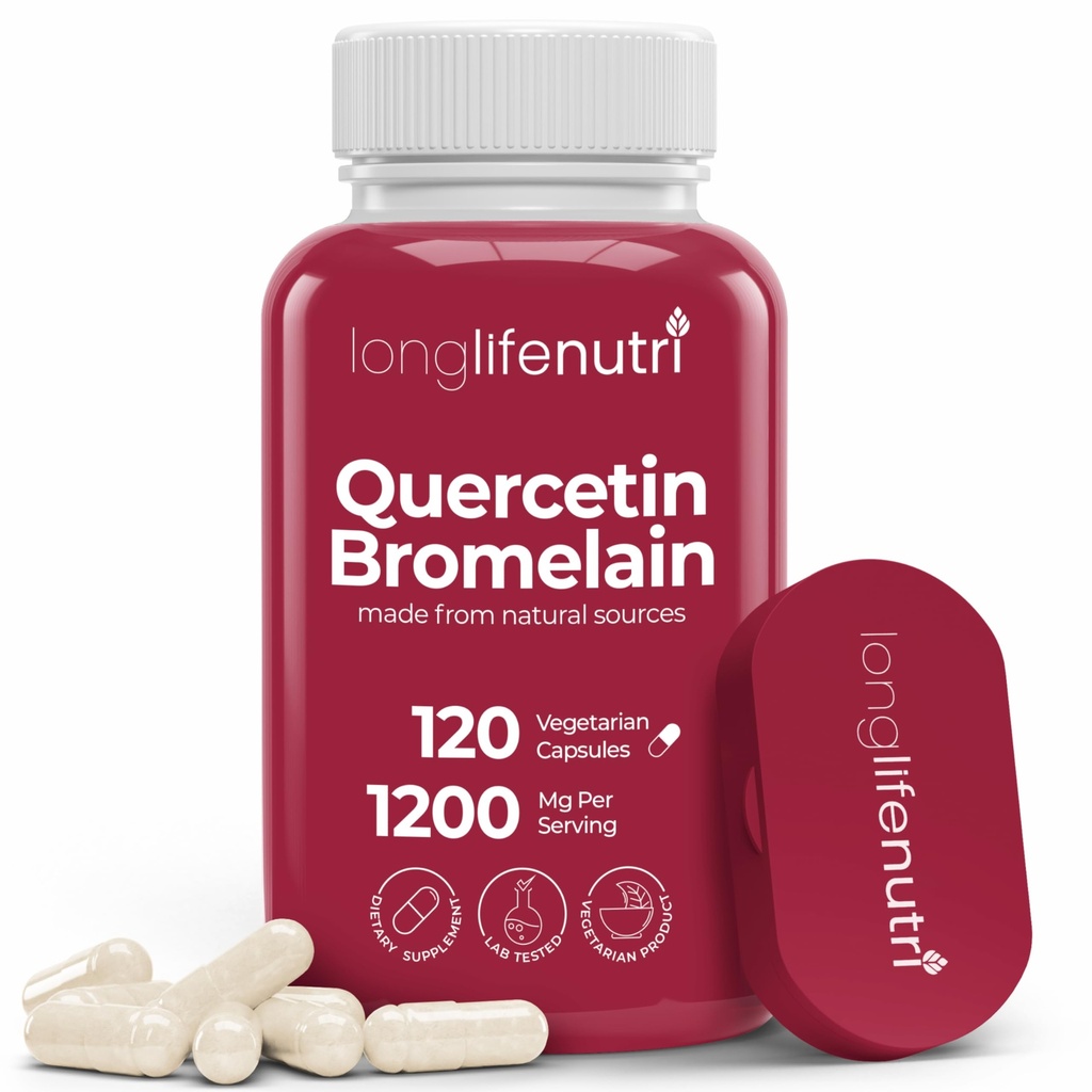 LongLifeNutri Quercetin 1000mg med bromelain 200mg - 120 Vegetariske Kapsler, Organic Dihydrat Complex for Joint Mobility & Respiratory Balance, 2- måned Supply, GMP Certified, Made in USA