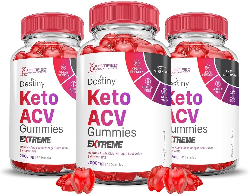 Justified Laboratories (3 Pack Destiny Keto ACV Gummies Extreme 2000MG Destiny Keto Gummies Advanced Formel Apple Cider Vinagar med Pomegranate Beet Juice Powder B12 Vegan Non GMO 180 Gummys