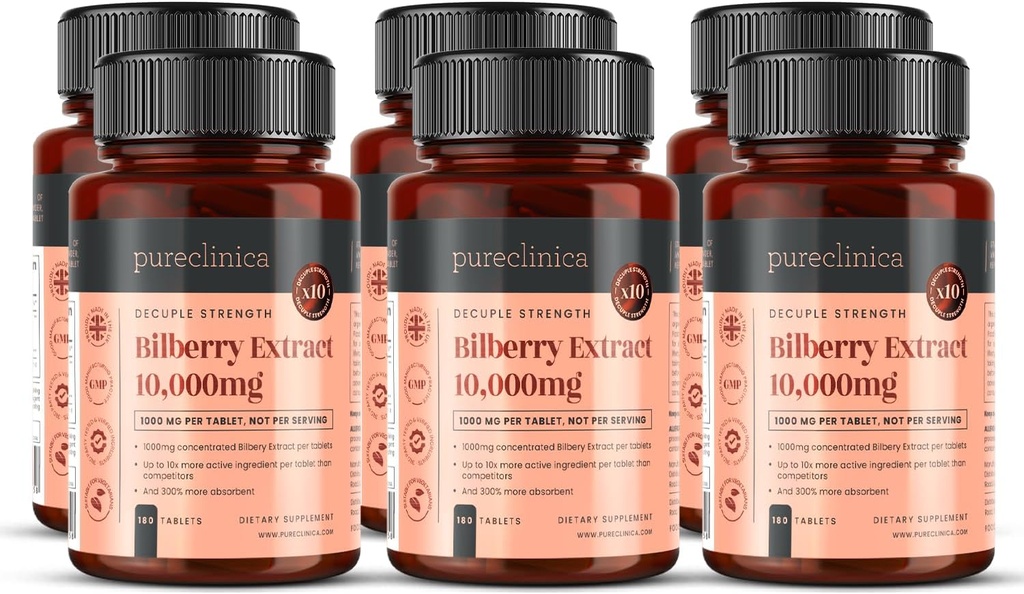 pureclinica Bilberry Extract 10,000mg x 1080 Tablets (6 flasker af 180) - 10 X Flere anthocyanidin