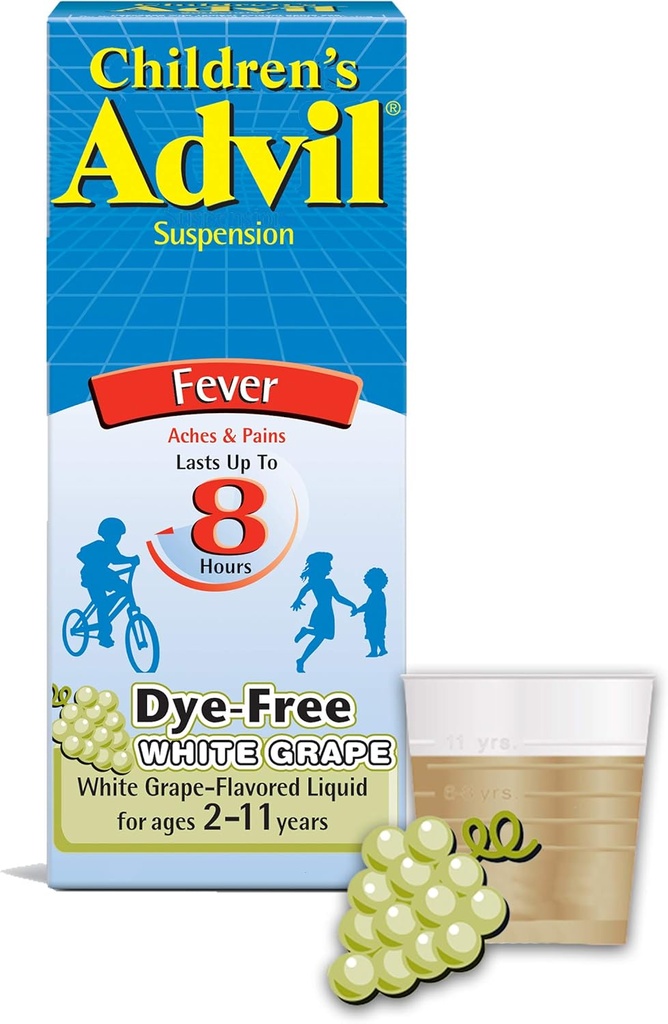 Children 's Advil Liquid Pain Relief Medicine and Fever Reducer, 100 Mg Children' s Ibuprofen for Age 2 - 11, White Grape - 4 Fl Oz