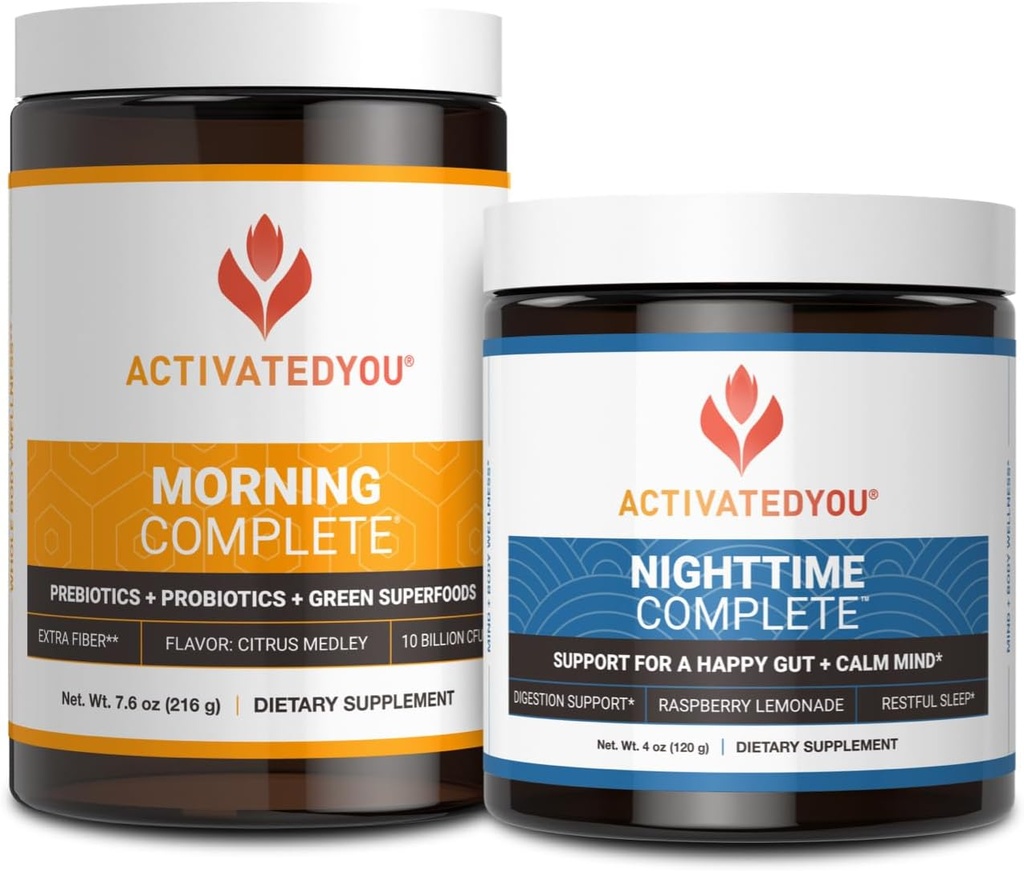 AKTIVATEDYR Morgen Komplet Prebiotika, Probiotika, og Green Superfoods (Citrus Medley) & Nighttime Complete, Ashwaghanda (Raspberry Lemonade), 30 Servere