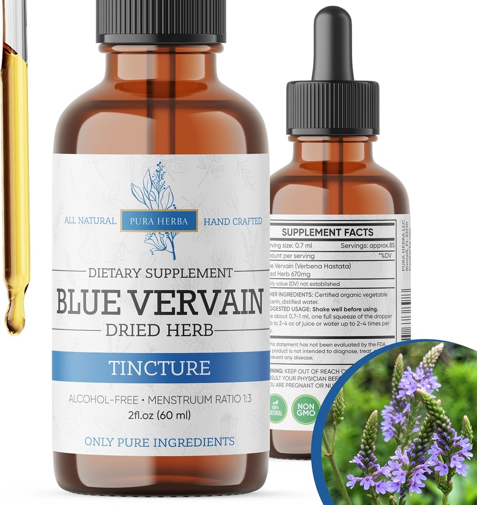 Blue Vervain Herb Organic, Blue Vervain Tincture, Alcohol Free, Vegan - 2 Fl Oz